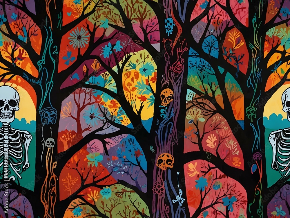 Vibrant painting of skeletons around a colorful, skull-adorned tree. Vibrant painting of skeletons around a colorful, skull-adorned tree.
