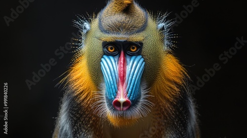 Colorful mandrill on an isolated black background photo