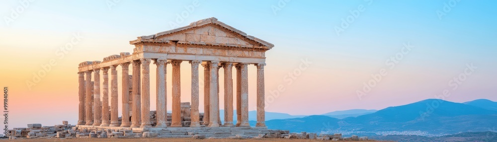 Ancient temple ruins basking in golden sunlight during sunset Ancient temple ruins basking in golden sunlight during sunset
