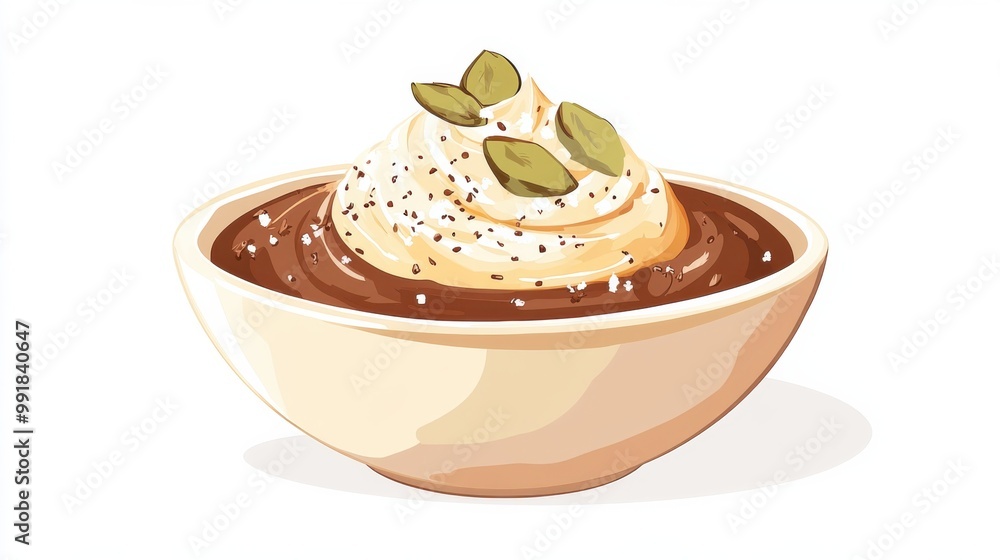 A bowl of chocolate mousse with a sprinkle of sea salt, flat color illustration