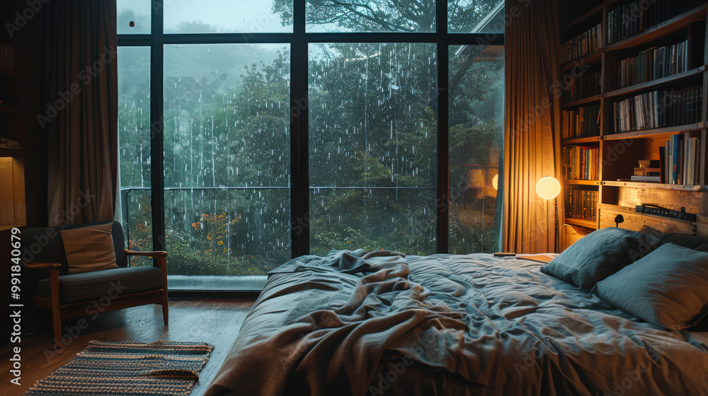 A stylish bedroom features large windows framing a tranquil forest landscape while raindrops create a calming ambiance indoors. A stylish bedroom features large windows framing a tranquil forest landscape while raindrops create a calming ambiance indoors.