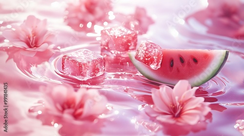 Watermelon slice and ice cubes floating in pink water with pink flowers.