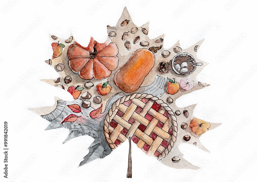 Obraz premium Watercolor Vector hand drawn cozy fall composition in a shape of maple leaf with an autumn pie, knitted gray sweater, orange pumpkins,a cup of hot chocolate with marshmellow, chestnuts and leaves.