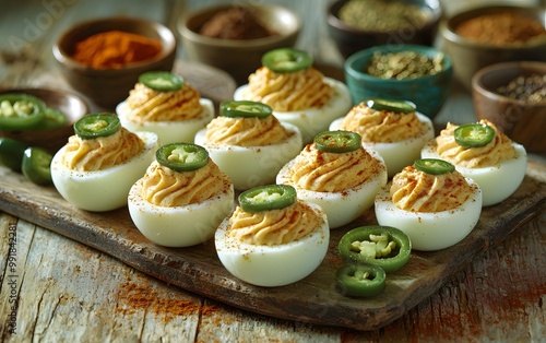 Delicious deviled eggs with jalape?o slices and spices on rustic wooden board photo