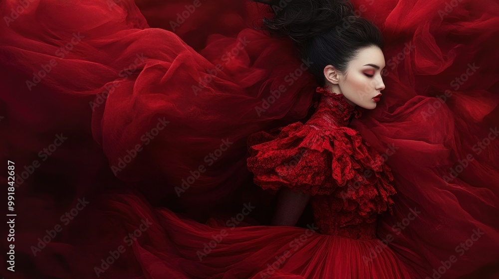 Crimson Dreams: A Woman in Red Gown Surrounded by Fabric Crimson Dreams: A Woman in Red Gown Surrounded by Fabric