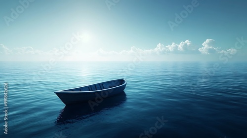 Boat drifting in the endless blue sea surrounded by vastness photo