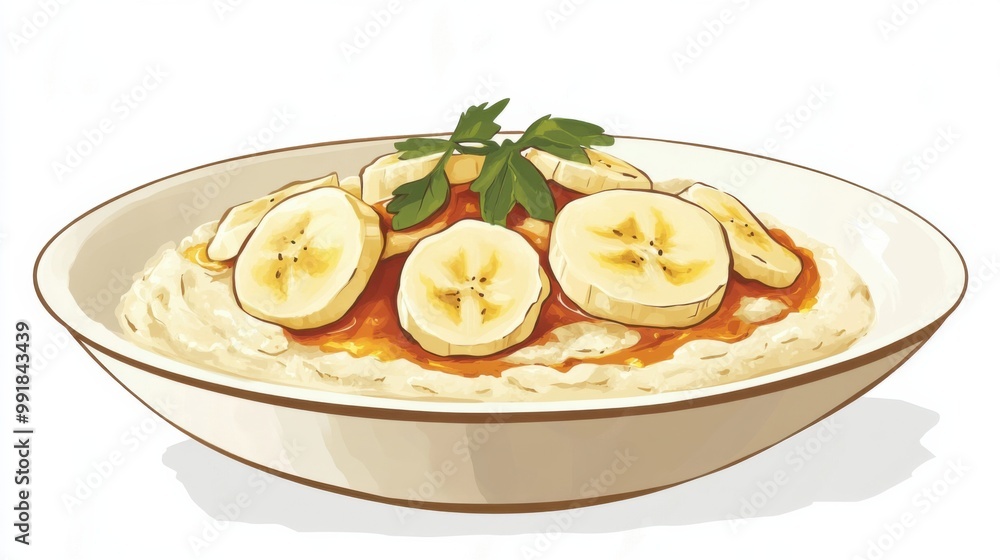A bowl of oatmeal with banana slices and honey, digital painting, flat color, digital illustration poster A bowl of oatmeal with banana slices and honey, digital painting, flat color, digital illustration poster