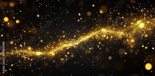 A shining star Christmas background made with golden glittering lights and bokeh particles on a black background.