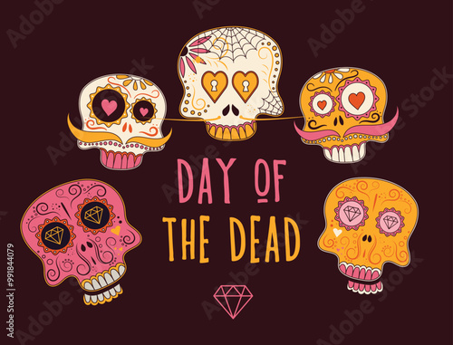 Post card or banner with sugar skull decorated by design elements and colorful floral ornament. Mexican national holiday Day of the dead. Festive banner templates for Dia de los muertos. Vector
