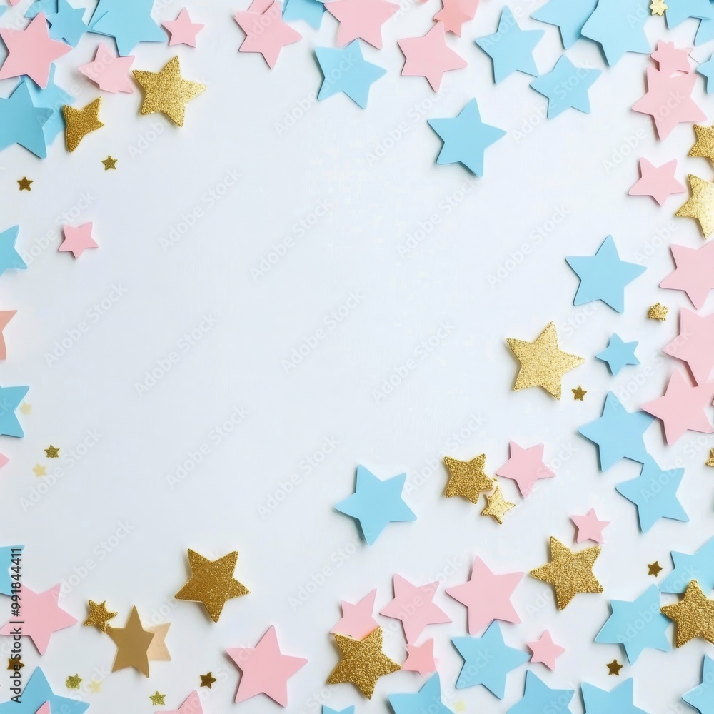 Obraz premium Colorful star confetti scattered on a white background for festive decorations and celebrations