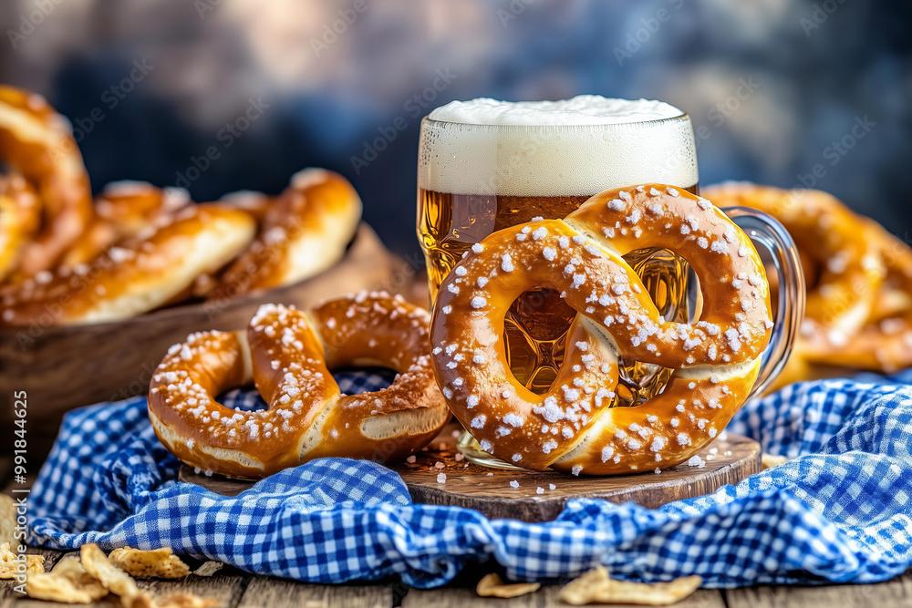 Bavarian soft pretzels with white salt and beer on a wooden table, covered by a blue checkered cloth, on a ourdoor festival street food background . German traditional festival Oktoberfest Bavarian soft pretzels with white salt and beer on a wooden table, covered by a blue checkered cloth, on a ourdoor festival street food background . German traditional festival Oktoberfest