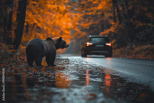  bear standing on the wet road near a beautiful autumn forest, with a car driving by photo