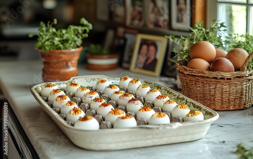 Gourmet deviled eggs in rustic kitchen ambiance photo