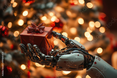 obotic hand holds out christmas red gift box against the background of the blured christmas tree photo