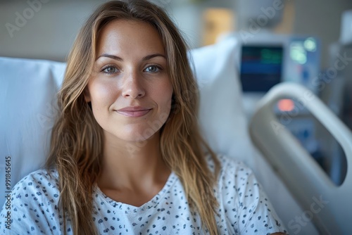 Woman recovering from gallbladder surgery in a hospital room, gallbladder disease, surgery complications. photo