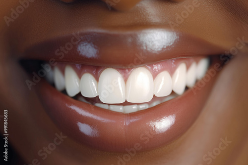 Close-up of a beautiful, smiling black female mouth with white teeth. This macro photograph captures a healthy, detailed smile concept for dental and beauty advertising.