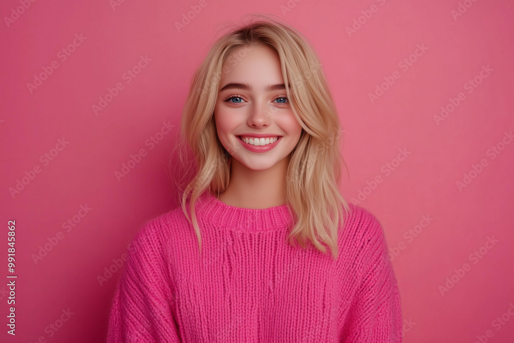 Fototapeta premium beautiful blue eyed blonde young woman wearing knited vibrant pink sweather is smiling on camera, isolated on pastel solid smooth pink background