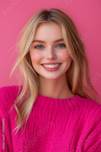 beautiful blue eyed blonde young woman wearing knited vibrant pink sweather is smiling on camera, isolated on pastel solid smooth pink background photo