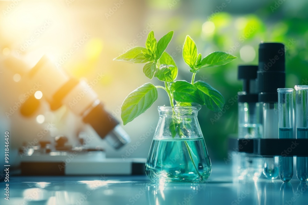 A plant thriving in water observed under a microscope with laboratory equipment and sunlight A plant thriving in water observed under a microscope with laboratory equipment and sunlight