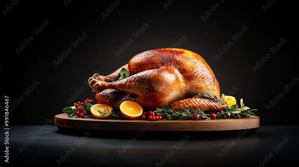Roasted Turkey Feast: A succulent roasted turkey, adorned with vibrant orange slices and sprigs of rosemary, takes center stage on a rustic wooden board. Roasted Turkey Feast: A succulent roasted turkey, adorned with vibrant orange slices and sprigs of rosemary, takes center stage on a rustic wooden board.