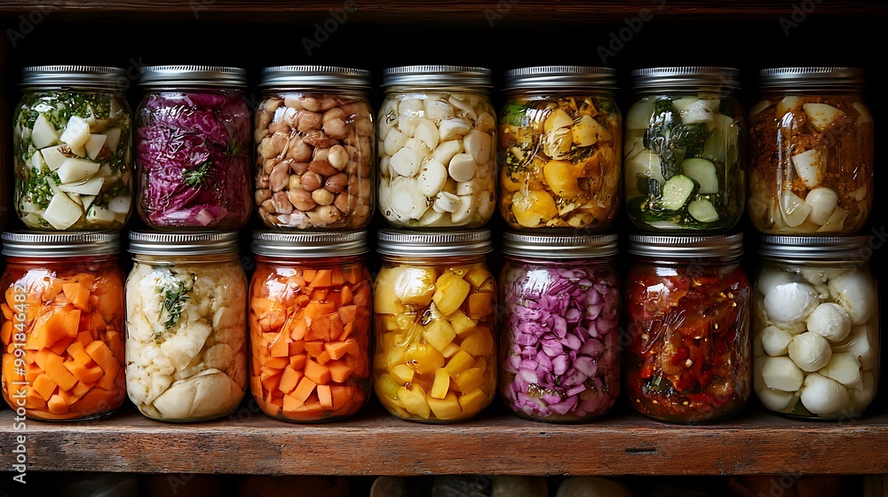 A shelf filled with various jars of preserved vegetables and beans. A shelf filled with various jars of preserved vegetables and beans.