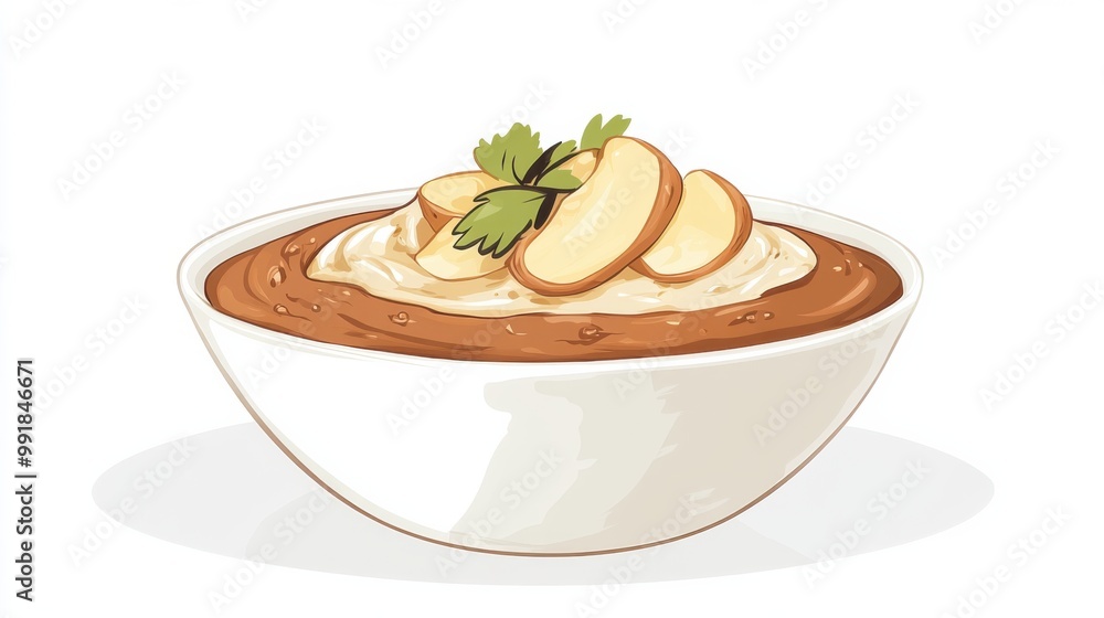 A bowl of vegan chocolate pudding with almond milk, flat color illustration A bowl of vegan chocolate pudding with almond milk, flat color illustration