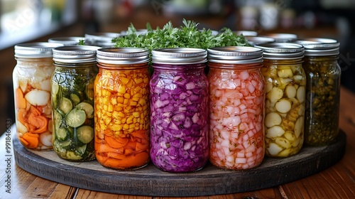 A colorful array of preserved vegetables in glass jars on a wooden tray.