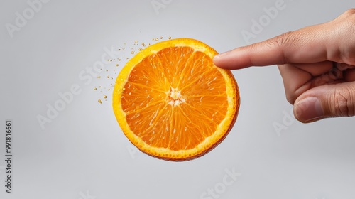 Orange Slice Disintegration: A hand delicately touches a suspended orange slice, causing it to fragment and dissolve into a shower of citrusy particles. photo