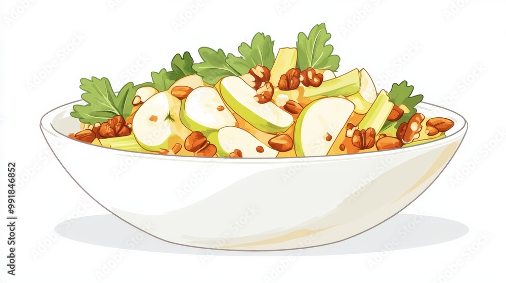 A bowl of Waldorf salad with apples, walnuts, and celery, flat color illustration A bowl of Waldorf salad with apples, walnuts, and celery, flat color illustration