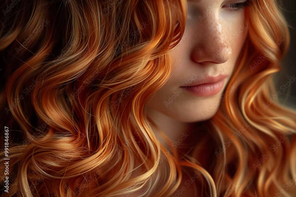 The portrait highlights a young woman with striking orange curls framing her face, creating an elegant and inviting appearance under soft lighting The portrait highlights a young woman with striking orange curls framing her face, creating an elegant and inviting appearance under soft lighting