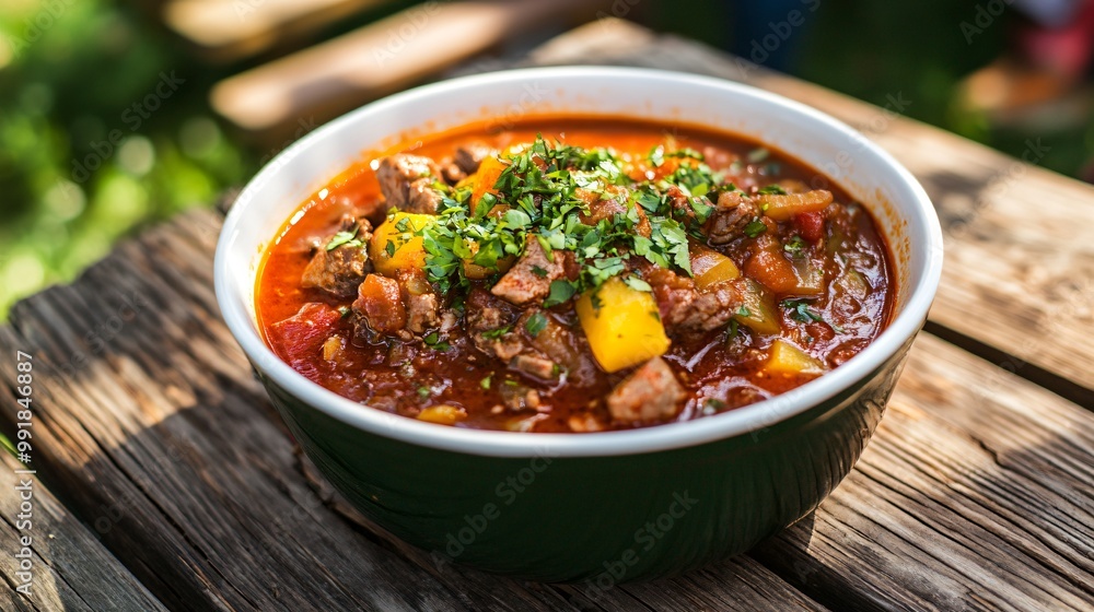 A bowl of hearty Bavarian stew (gulasch), set against a wooden picnic table background in a bustling Oktoberfest beer garden A bowl of hearty Bavarian stew (gulasch), set against a wooden picnic table background in a bustling Oktoberfest beer garden
