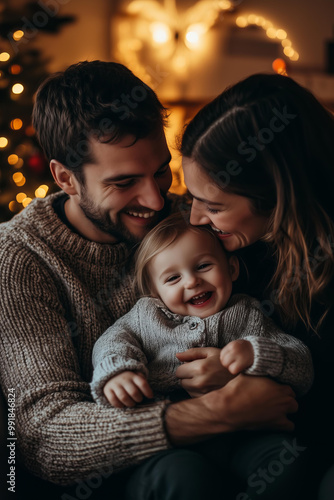 lifestyle photo of cozy christmas eve at home. family laughing together , candid emotions , cinematic light, christmas advertising