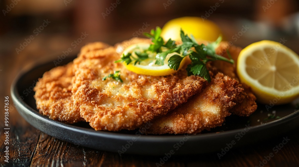 A close up of crispy schnitzel, garnished with lemon, set against a dark wooden pub table with faint sunlight streaming through A close up of crispy schnitzel, garnished with lemon, set against a dark wooden pub table with faint sunlight streaming through