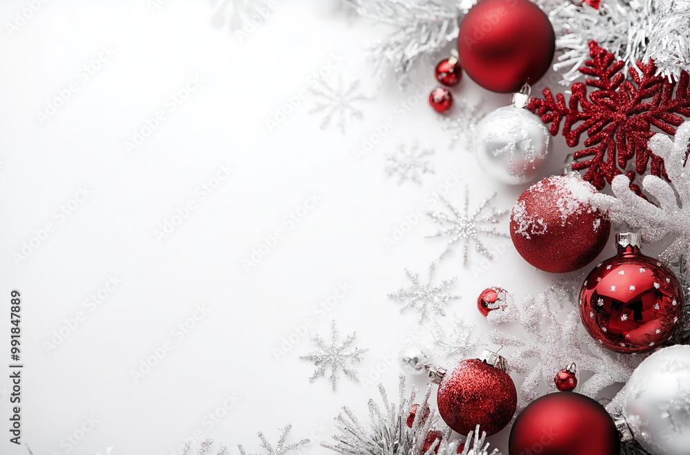Red and white Christmas baubles and snowflakes on white background, festive holiday frame with copy space Red and white Christmas baubles and snowflakes on white background, festive holiday frame with copy space