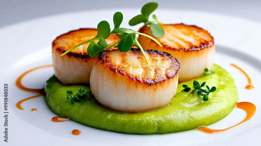 Pan Seared Scallops with Pea Puree: A culinary masterpiece, showcasing three perfectly seared scallops atop a bed of vibrant green pea puree. Pan Seared Scallops with Pea Puree: A culinary masterpiece, showcasing three perfectly seared scallops atop a bed of vibrant green pea puree.