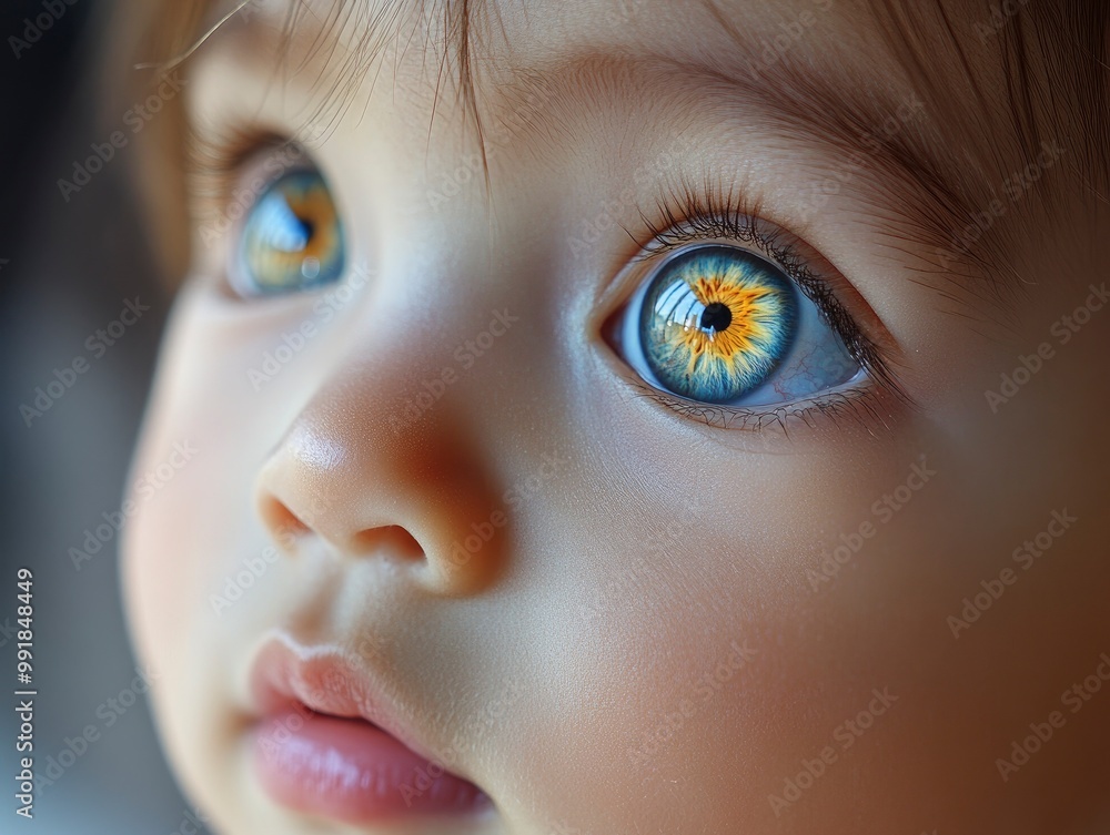 Naklejka premium Oriental baby's right clear-eyed close-up pupil polarized photo image of a baby. geneative ai
