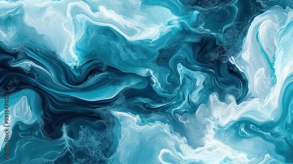 Obraz premium abstract ocean waves in shades of blue and teal dynamic swirls and eddies white foam accents digital fluid art style seamless pattern potential
