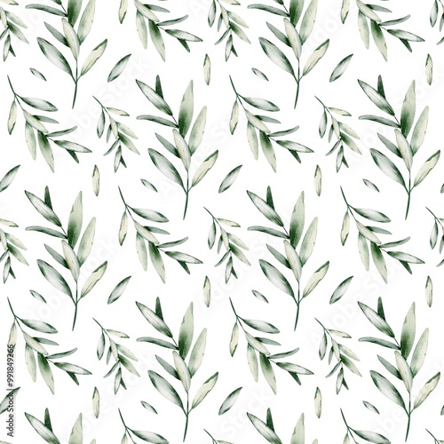 Watercolor leaf seamless Pattern. llustration of botanical ornament with green plant in minimal style on isolated background. Backdrop with branches for textile design or wrapping paper.