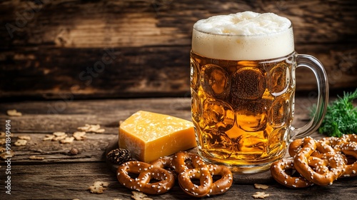 A mug of Oktoberfest beer with a side of obatzda cheese spread and pretzels, set against a rustic wooden table background for a cozy, festive scene photo