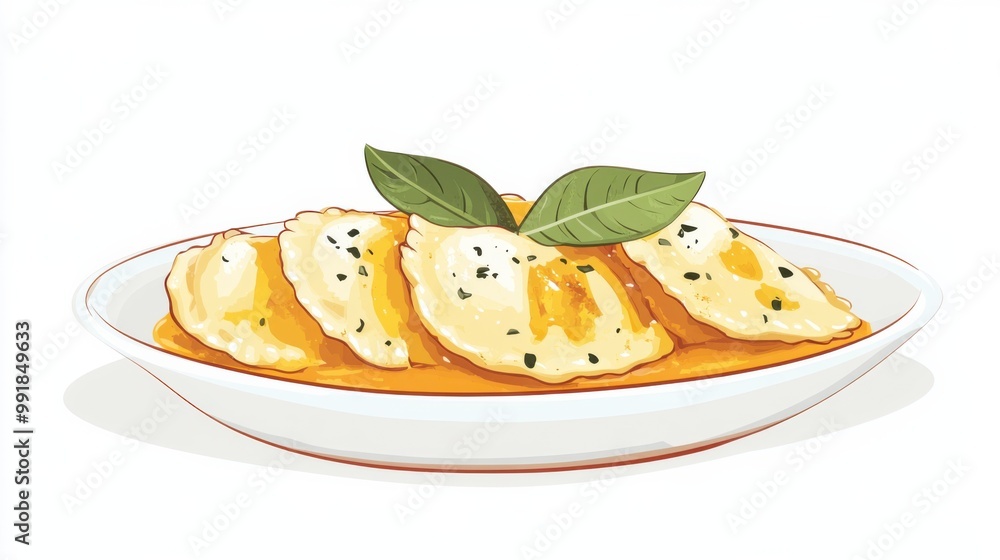 A plate of butternut squash ravioli with sage butter sauce, flat color illustration A plate of butternut squash ravioli with sage butter sauce, flat color illustration