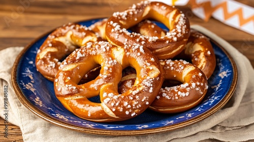 A plate of freshly baked pretzels with salt, isolated on a warm beige background with Oktoberfest banners softly visible