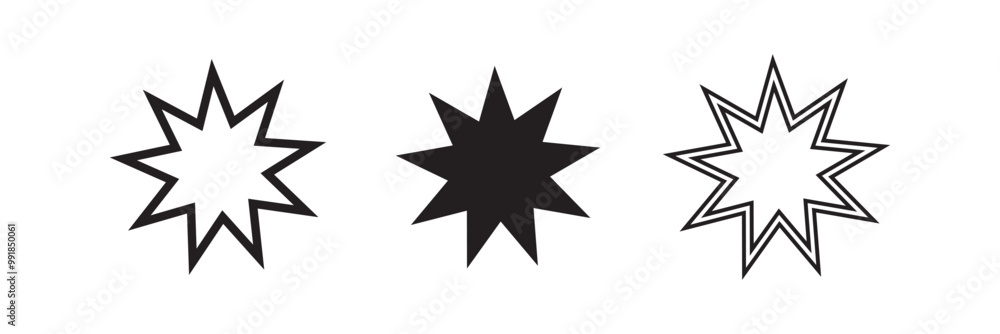 Bahai icon set. nine pointed baha vector symbol. persian star sign in black filled and outlined style. Bahai icon set. nine pointed baha vector symbol. persian star sign in black filled and outlined style.
