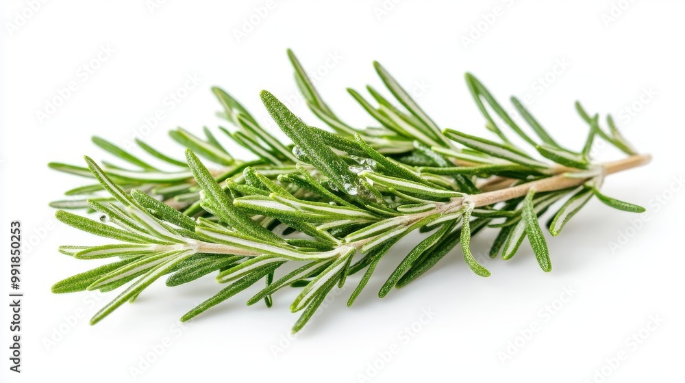 aromatic rosemary sprigs isolated on crisp white background detailed macro shot reveals textures and essential oil droplets soft shadows add depth aromatic rosemary sprigs isolated on crisp white background detailed macro shot reveals textures and essential oil droplets soft shadows add depth