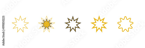 Bahai icon set. nine pointed baha vector symbol. persian star sign in black filled and outlined style.