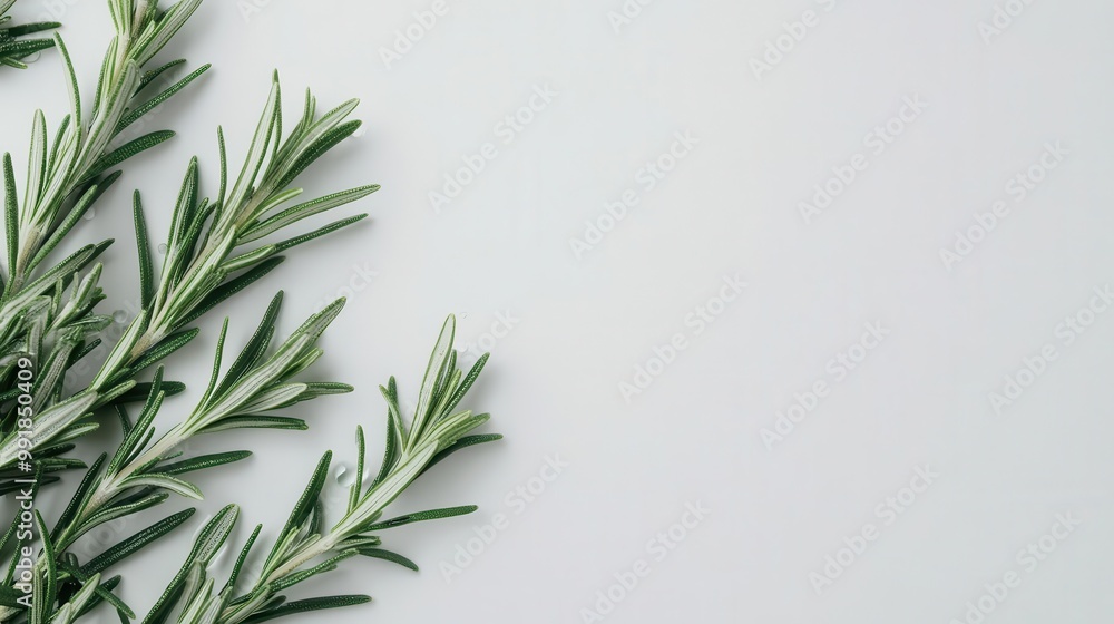 Fototapeta premium aromatic rosemary sprigs on pristine white background macro detail of leaves and oil droplets soft diffused lighting culinary and herbal medicine concept with fresh organic appeal