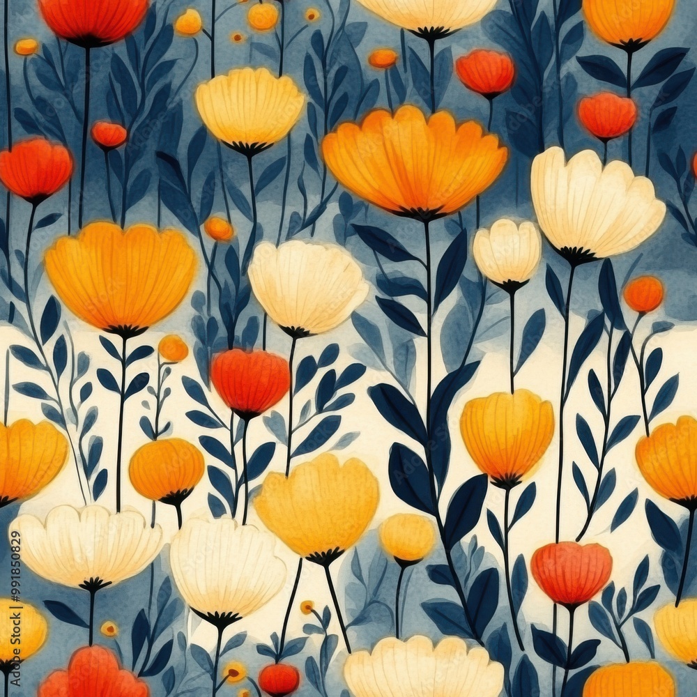 Minimalistic floral seamless pattern with vibrant orange and yellow flowers for print design Minimalistic floral seamless pattern with vibrant orange and yellow flowers for print design