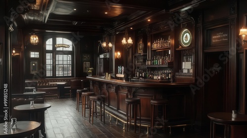 atmospheric vintage pub interior richly detailed britishstyle bar with dark wood paneling brass fixtures and soft amber lighting creating a cozy nostalgic ambiance filled with character