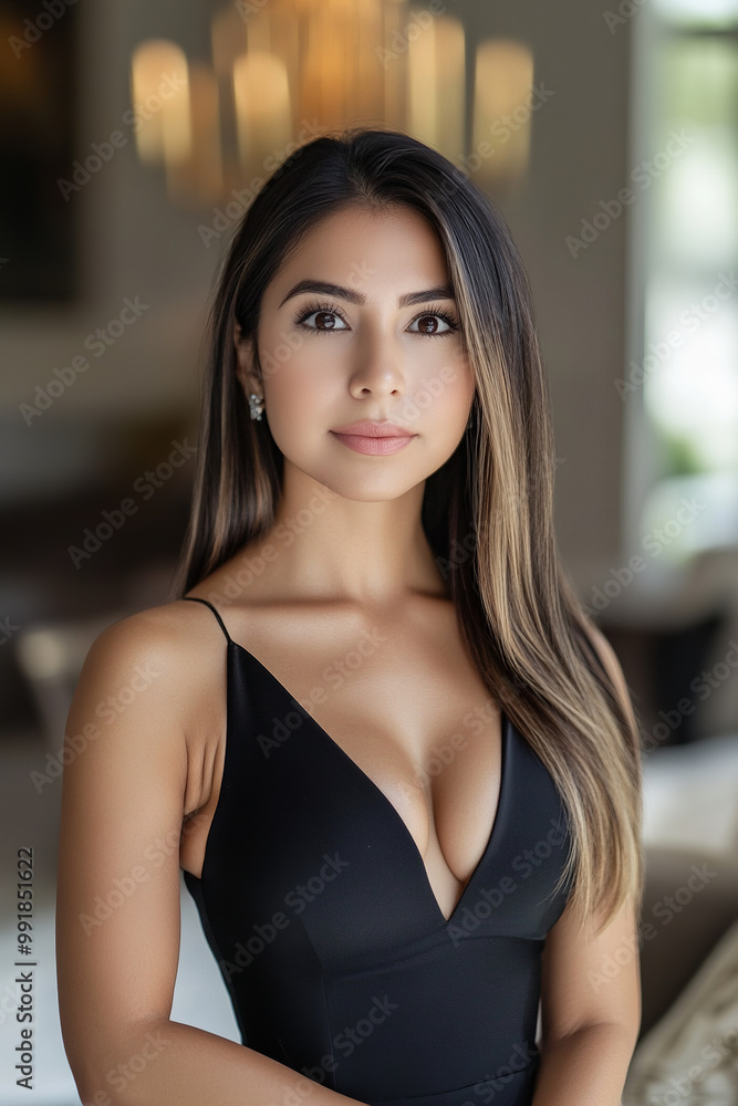 A 35-year-old Mexican woman with long, dark, straight hair, tanned skin and brown eyes A 35-year-old Mexican woman with long, dark, straight hair, tanned skin and brown eyes