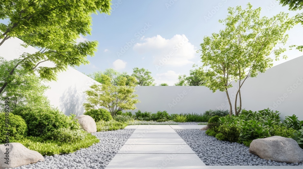 Serene Garden Pathway with Lush Greenery and Rocks Serene Garden Pathway with Lush Greenery and Rocks