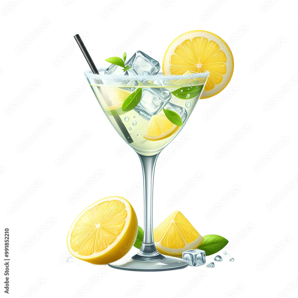 Fresh lemon cocktail glass with a lemon slice isolated on transparent background Fresh lemon cocktail glass with a lemon slice isolated on transparent background